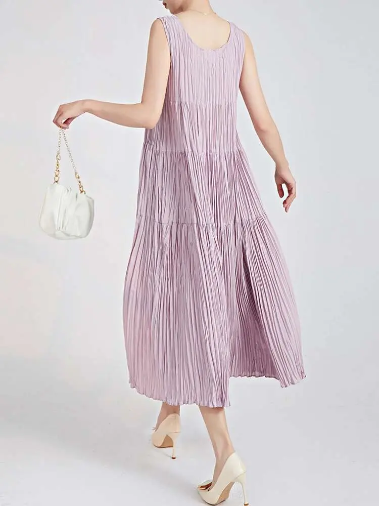 LANMREM Elegant Pleated Dress For Women Round Neck Sleeveless Solid Spliced A-line Dresses Female Clothing 2024 New 2YA2860