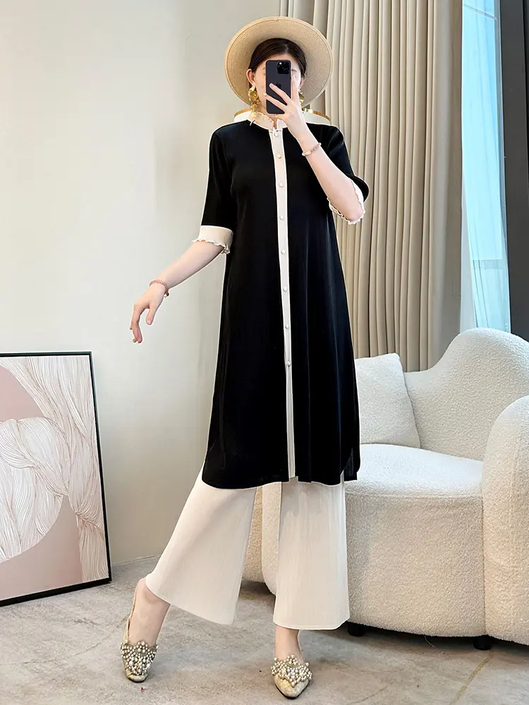 LANMREM Single Breasted Colorblock Spliced Design Half Sleeve Dress And Wide Leg Straight Pants Two Pieces Sets 2025 New 2DB3149