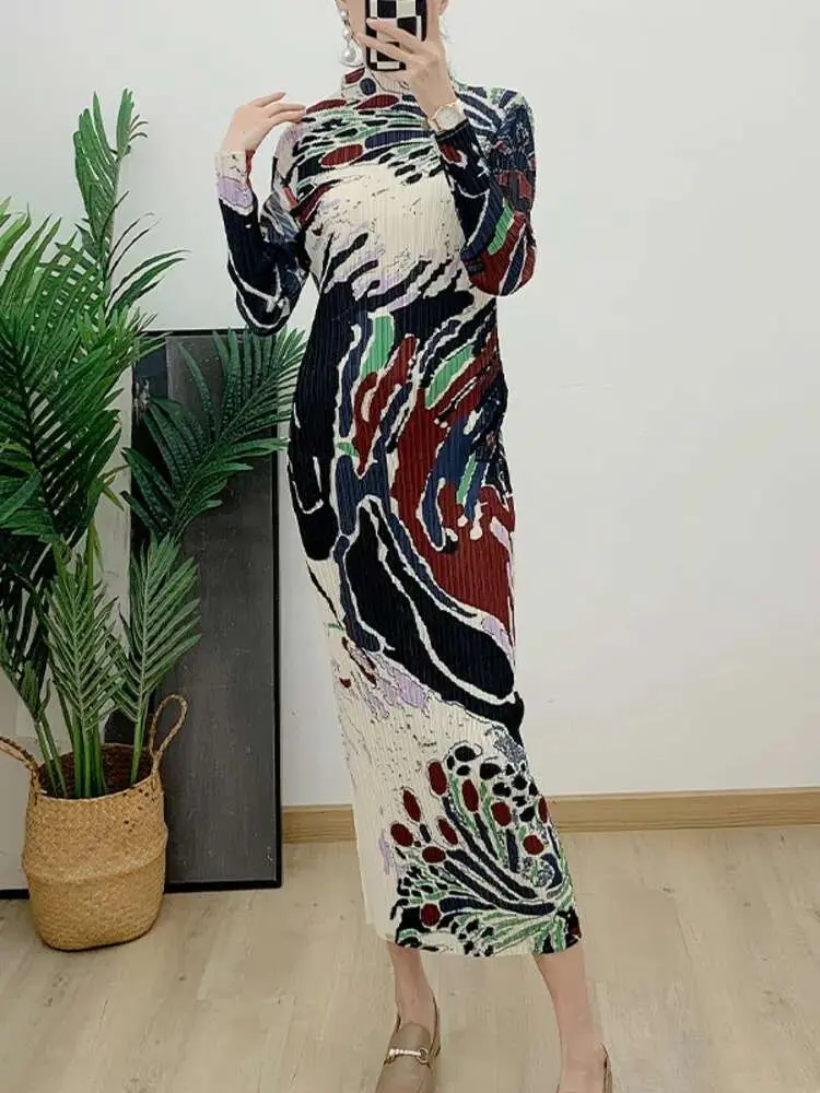 LANMREM Printing Slim Dress Women Turtleneck Long Sleeves Pleated Long Dresses Female Elegant Clothing 2024 Spring New 2DA4300