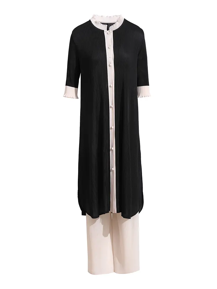 LANMREM Single Breasted Colorblock Spliced Design Half Sleeve Dress And Wide Leg Straight Pants Two Pieces Sets 2025 New 2DB3149