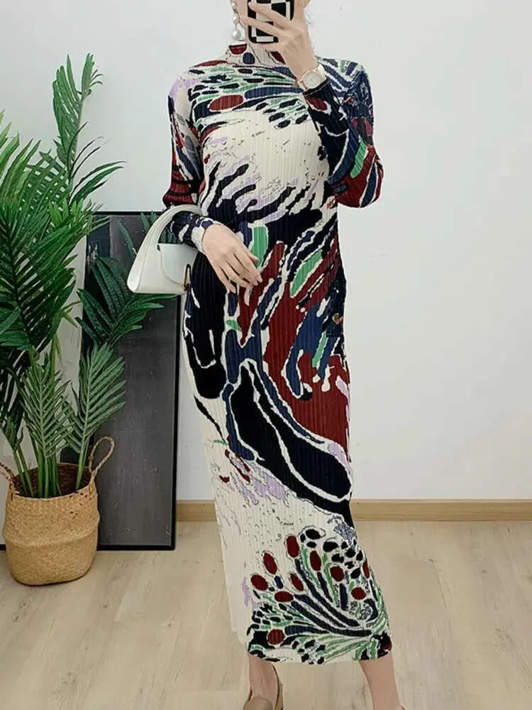 LANMREM Printing Slim Dress Women Turtleneck Long Sleeves Pleated Long Dresses Female Elegant Clothing 2024 Spring New 2DA4300