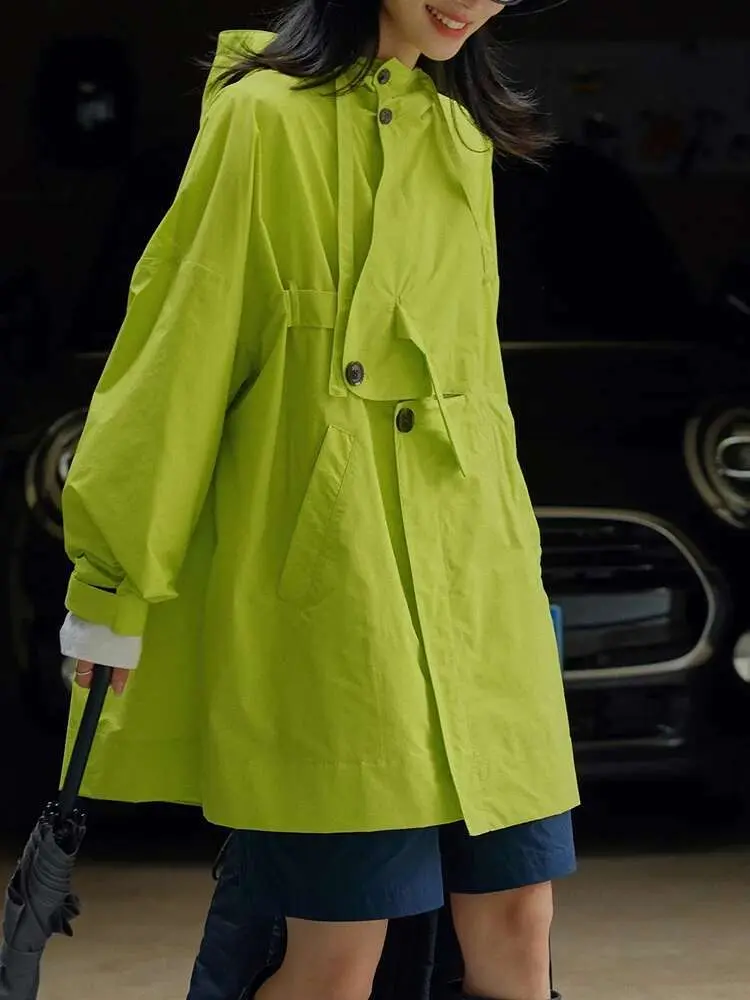 LANMREM Fashion Irregular Spliced Trench Women Hooded Bandage Solid Color Loose Fit Windbreaker Casual 2023 Autumn New 2AA2360