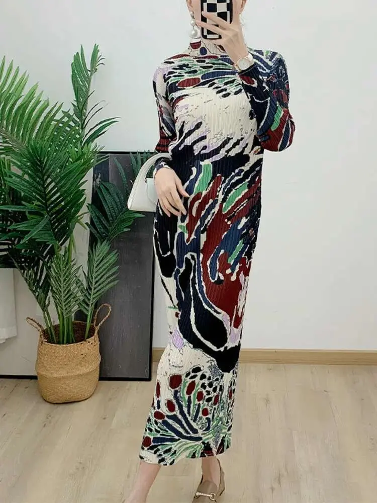 LANMREM Printing Slim Dress Women Turtleneck Long Sleeves Pleated Long Dresses Female Elegant Clothing 2024 Spring New 2DA4300