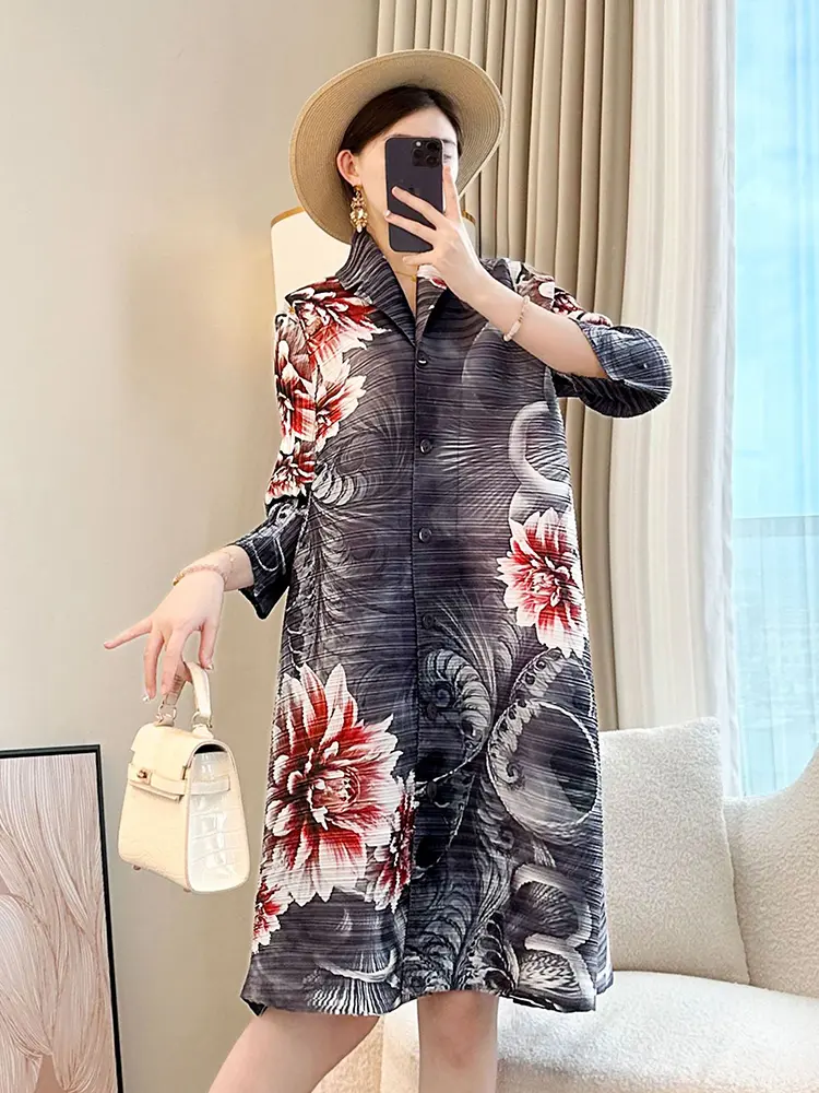 LANMREM Lapel Single Breated Printting Pleated Dress For Women 2025 New Causal Loose Wrist Sleeve Knee Length Dresses 2DB3143