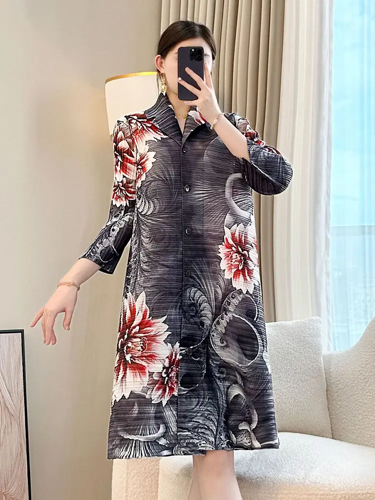 LANMREM Lapel Single Breated Printting Pleated Dress For Women 2025 New Causal Loose Wrist Sleeve Knee Length Dresses 2DB3143