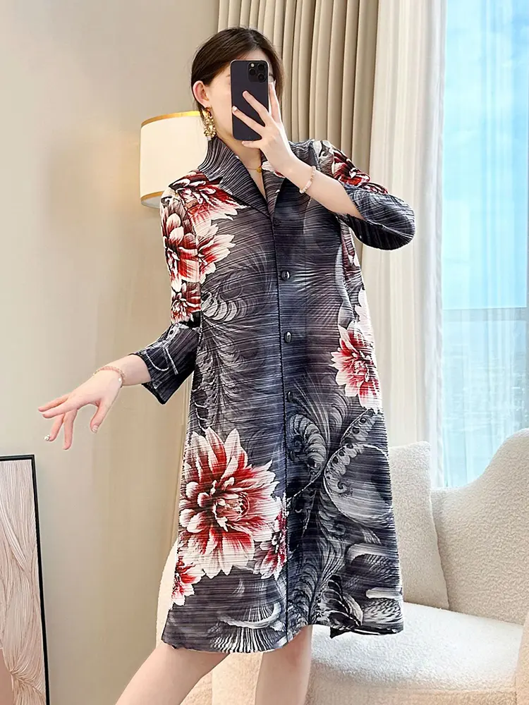 LANMREM Lapel Single Breated Printting Pleated Dress For Women 2025 New Causal Loose Wrist Sleeve Knee Length Dresses 2DB3143