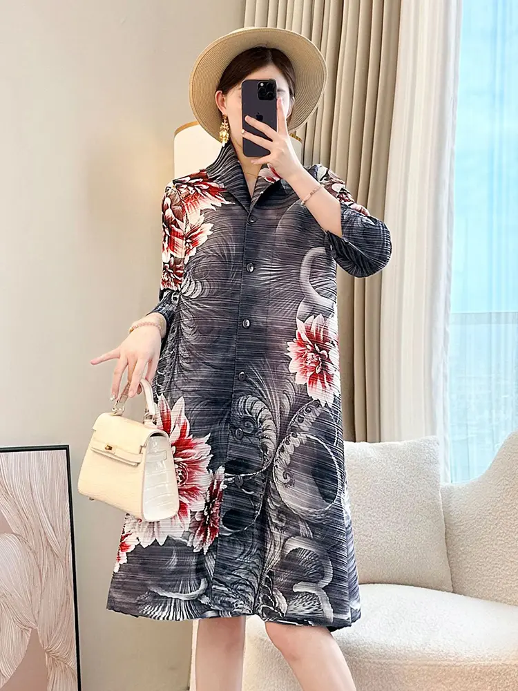 LANMREM Lapel Single Breated Printting Pleated Dress For Women 2025 New Causal Loose Wrist Sleeve Knee Length Dresses 2DB3143