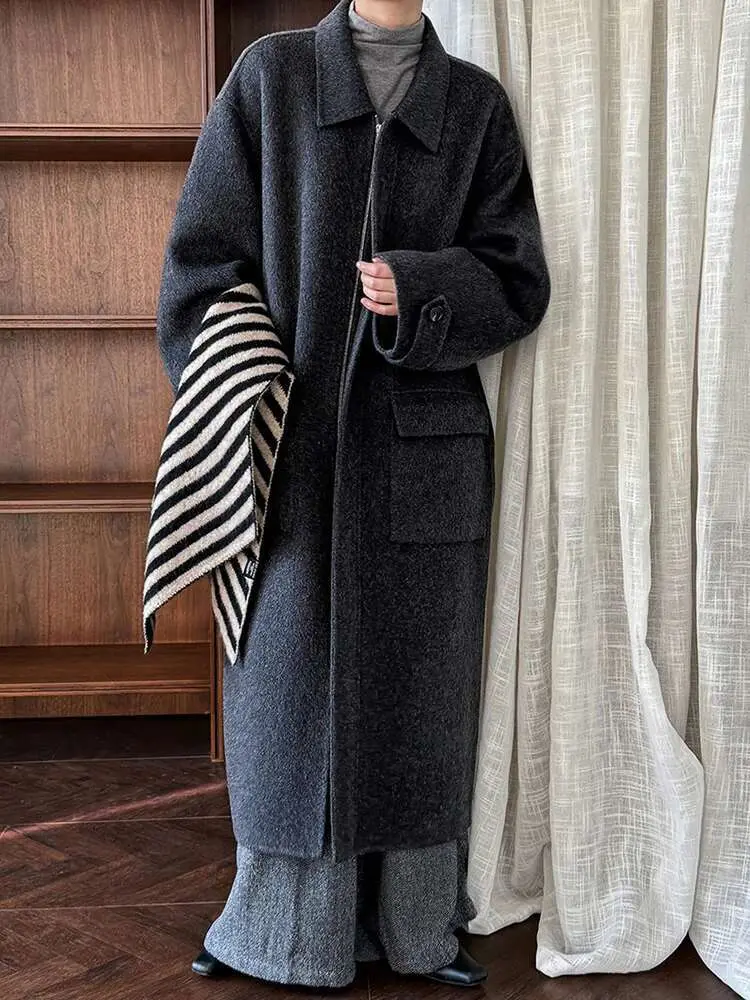 LANMREM High End Wool Long Coat Women's Lapel Zipper Pockets Solid Color Clothing Fashion Autumn And Winter New 2VV1858