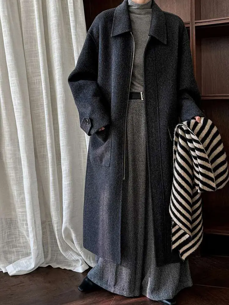 LANMREM High End Wool Long Coat Women's Lapel Zipper Pockets Solid Color Clothing Fashion Autumn And Winter New 2VV1858