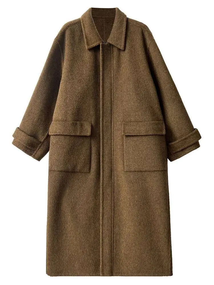 LANMREM High End Wool Long Coat Women's Lapel Zipper Pockets Solid Color Clothing Fashion Autumn And Winter New 2VV1858