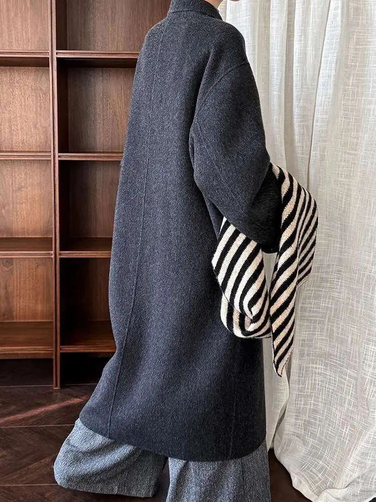 LANMREM High End Wool Long Coat Women's Lapel Zipper Pockets Solid Color Clothing Fashion Autumn And Winter New 2VV1858