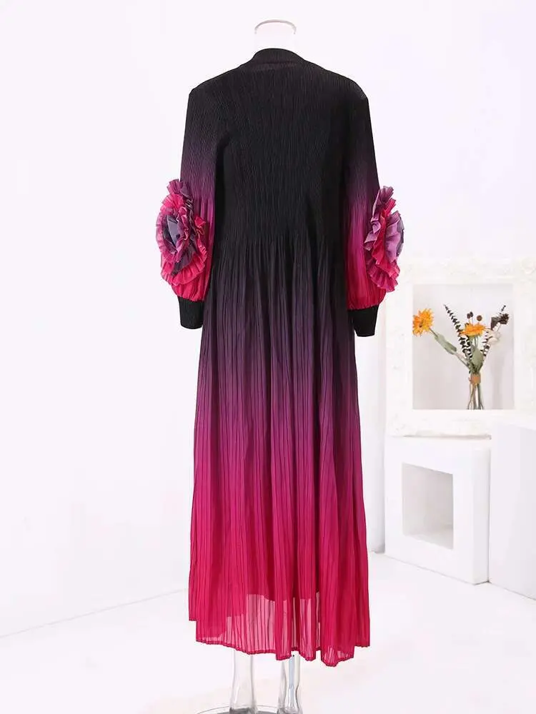 LANMREM Gradient Clothes Pleated 2 Piece Set Women Belt Gathered Waist Floral Sleeves Coat With Long Suspender Dresses 32Ca828