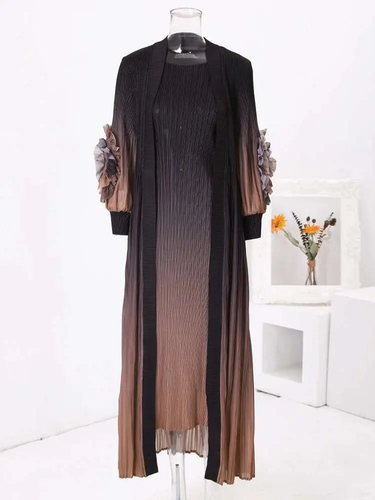 LANMREM Gradient Clothes Pleated 2 Piece Set Women Belt Gathered Waist Floral Sleeves Coat With Long Suspender Dresses 32Ca828