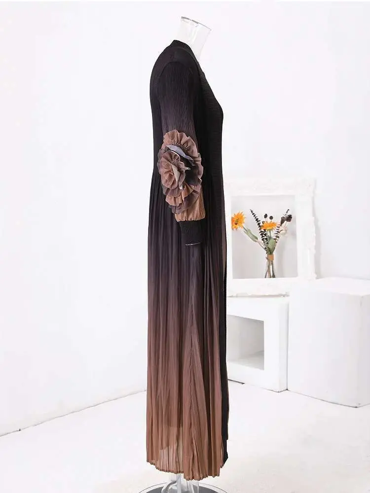 LANMREM Gradient Clothes Pleated 2 Piece Set Women Belt Gathered Waist Floral Sleeves Coat With Long Suspender Dresses 32Ca828