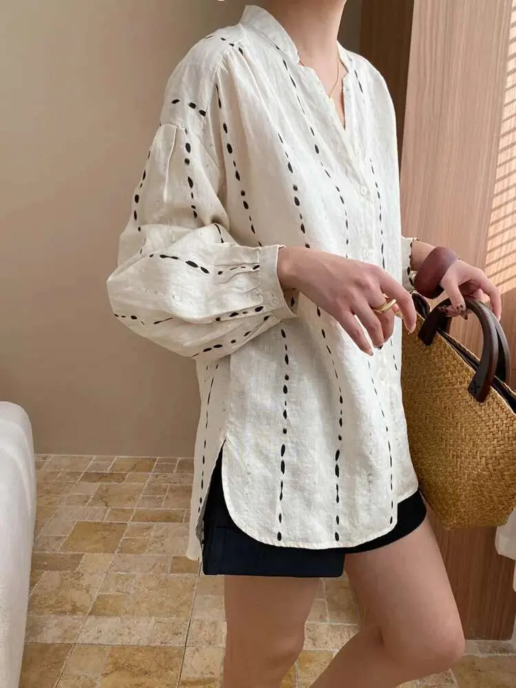 LANMREM Women's Shirt V-neck Single Breasted Long Sleeve Loose Casual Sunscreen Tops Fashion Tide 2025 Spring Summer New 2DE631