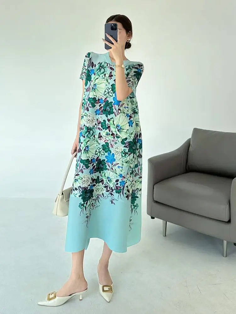 LANMREM Vacation Style Printting Short Sleeve Women's Dress 2025 New Summer Loose Elastic Round Collar Pleated Dresses 2DB3436