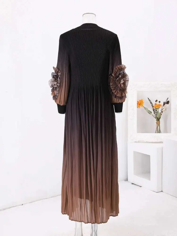 LANMREM Gradient Clothes Pleated 2 Piece Set Women Belt Gathered Waist Floral Sleeves Coat With Long Suspender Dresses 32Ca828