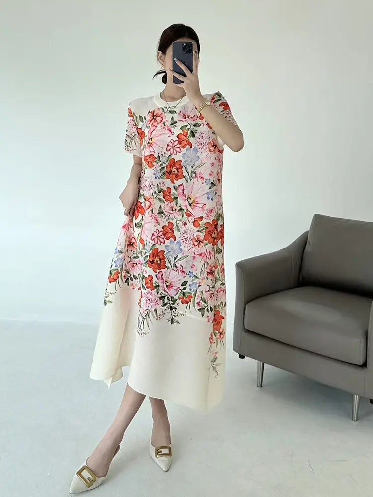 LANMREM Vacation Style Printting Short Sleeve Women's Dress 2025 New Summer Loose Elastic Round Collar Pleated Dresses 2DB3436