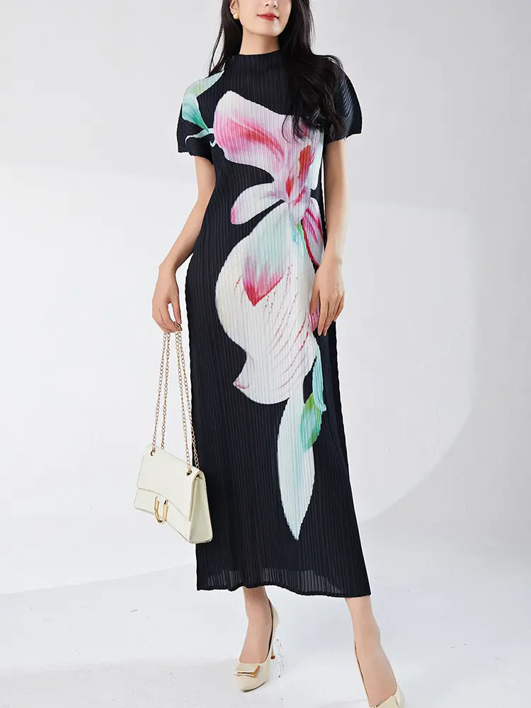 LANMREM Temperament Pleated Women's Clothing High-end French Printting Dress Summer Short Sleeved Casual Elastic Slim Dresses