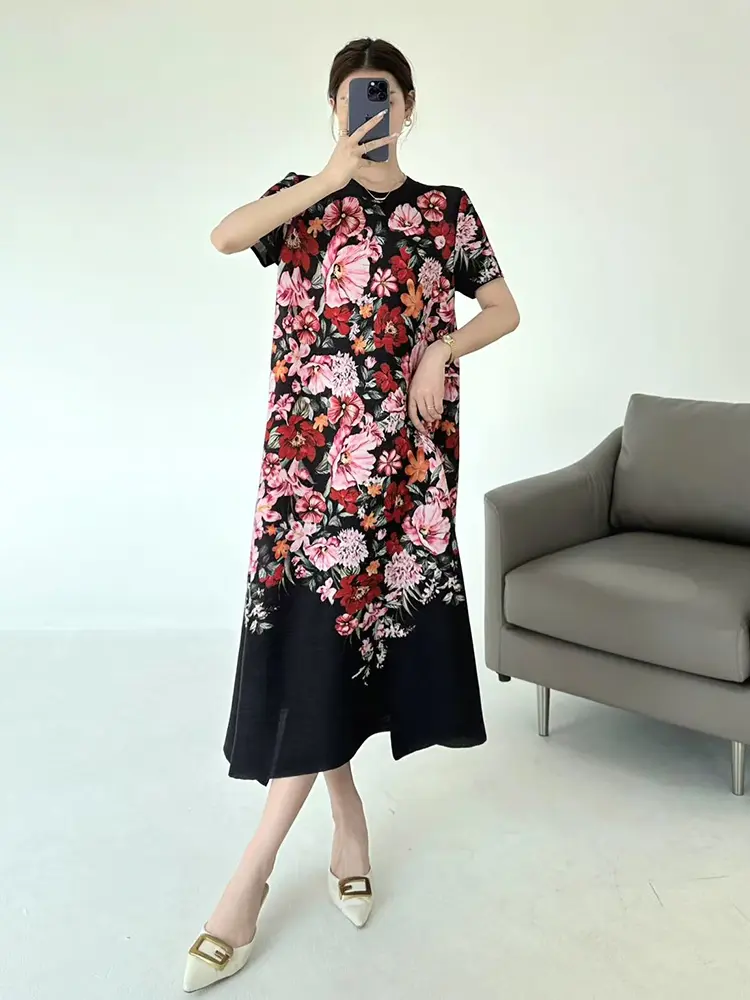 LANMREM Vacation Style Printting Short Sleeve Women's Dress 2025 New Summer Loose Elastic Round Collar Pleated Dresses 2DB3436