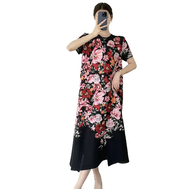 LANMREM Vacation Style Printting Short Sleeve Women's Dress 2025 New Summer Loose Elastic Round Collar Pleated Dresses 2DB3436