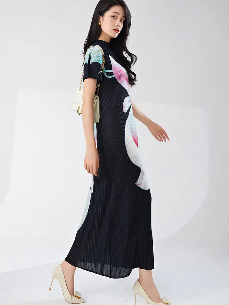 LANMREM Temperament Pleated Women's Clothing High-end French Printting Dress Summer Short Sleeved Casual Elastic Slim Dresses