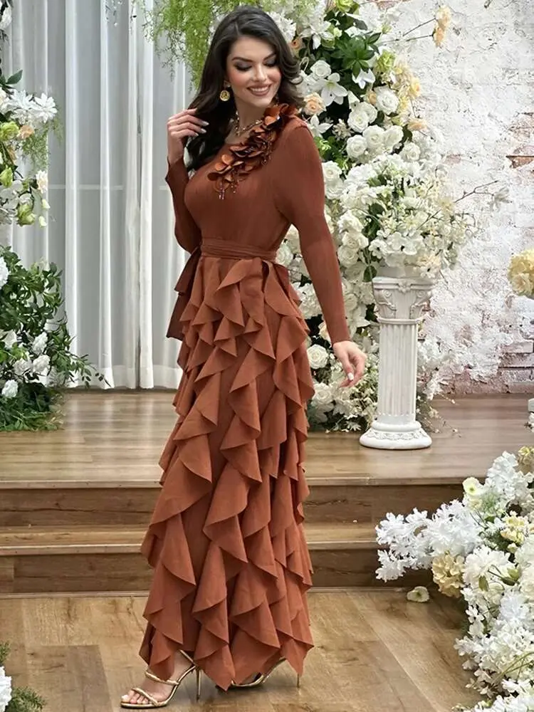 LANMREM High Quality Pleated Dress Women's Spring 2025 New O-neck Irregular Patchwork Ruffle Design Belted Long Dresses 2DB2466