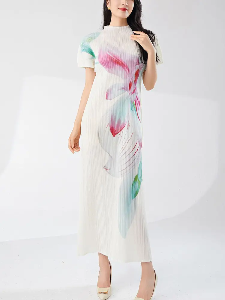LANMREM Temperament Pleated Women's Clothing High-end French Printting Dress Summer Short Sleeved Casual Elastic Slim Dresses