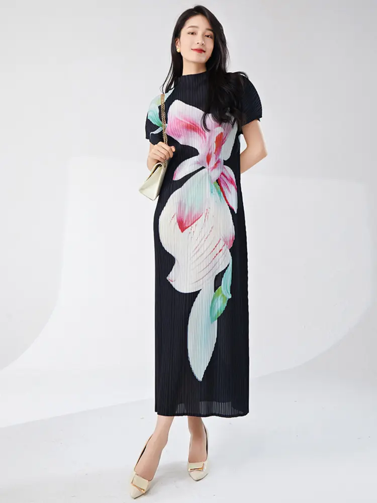 LANMREM Temperament Pleated Women's Clothing High-end French Printting Dress Summer Short Sleeved Casual Elastic Slim Dresses