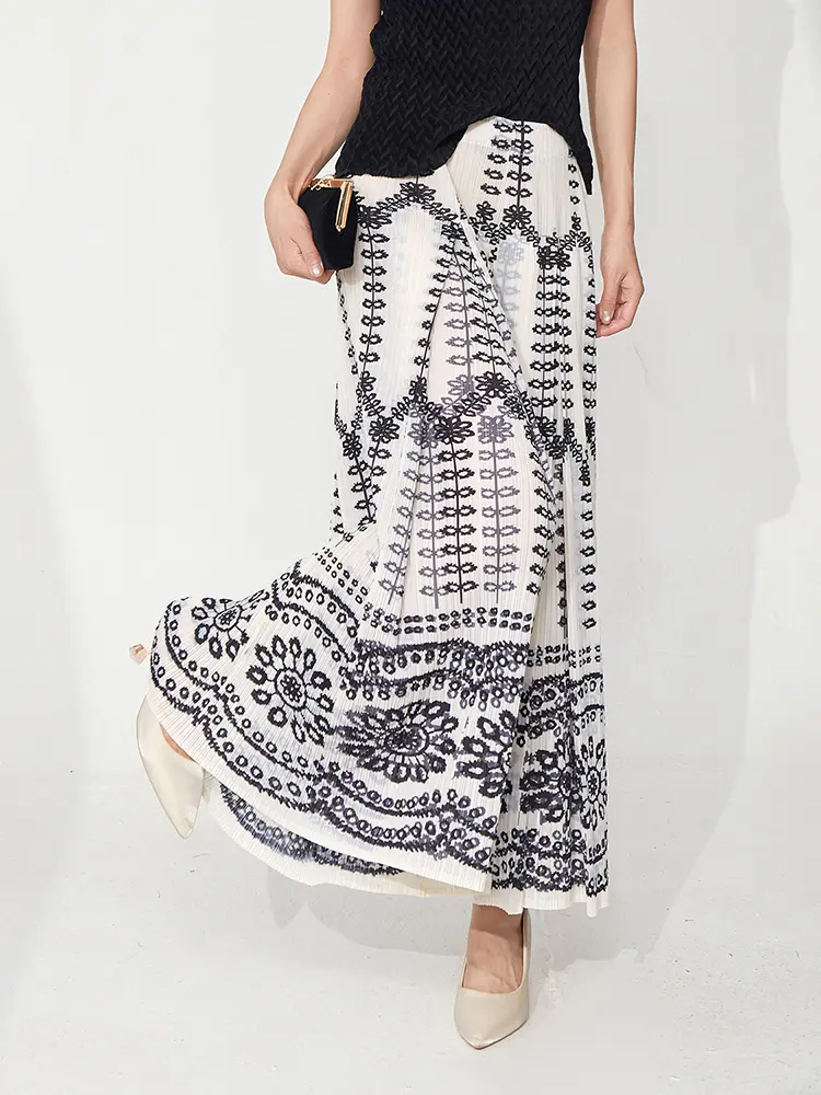 LANMREM Women's 2025 New Casual Wide Leg Pants Loose Fashion Geometric Printting Pleated Ankle-length Pants Summer Chic 2DB3063