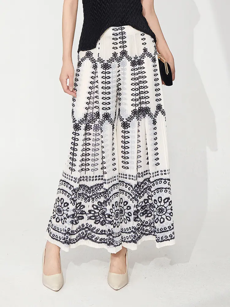 LANMREM Women's 2025 New Casual Wide Leg Pants Loose Fashion Geometric Printting Pleated Ankle-length Pants Summer Chic 2DB3063