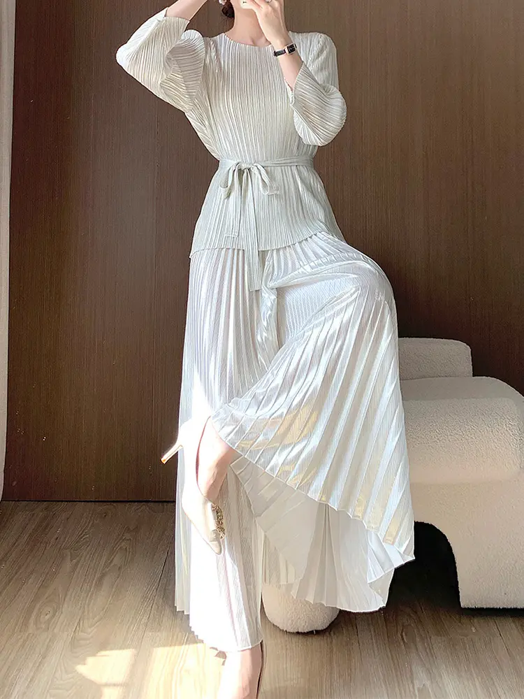 LANMREM Pleated Pants Women High Elastic Waist Solid Color Wide Leg Trousers Female Fashion Party Clothing 2024 Summer 2DA5011