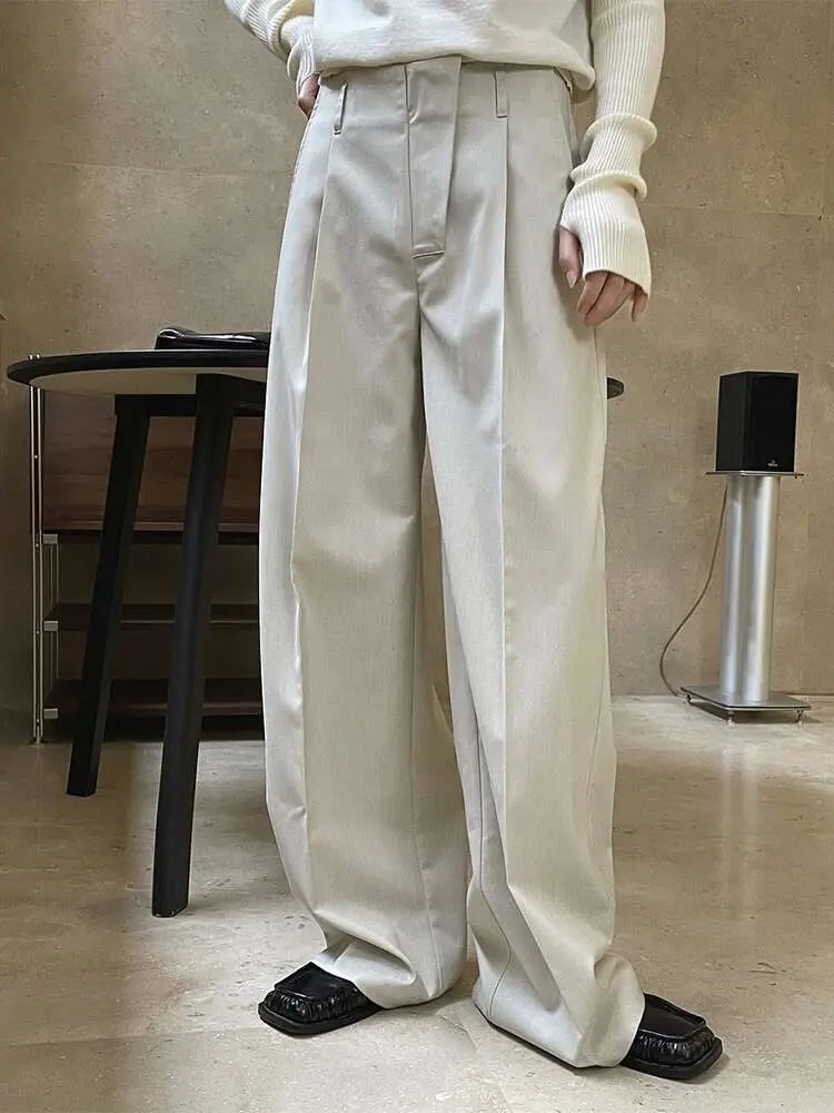LANMREM Solid Color Wide Leg Pants For Women Loose Casual High Waist Long Trousers 2025 New Spring Female Fashion 2N275