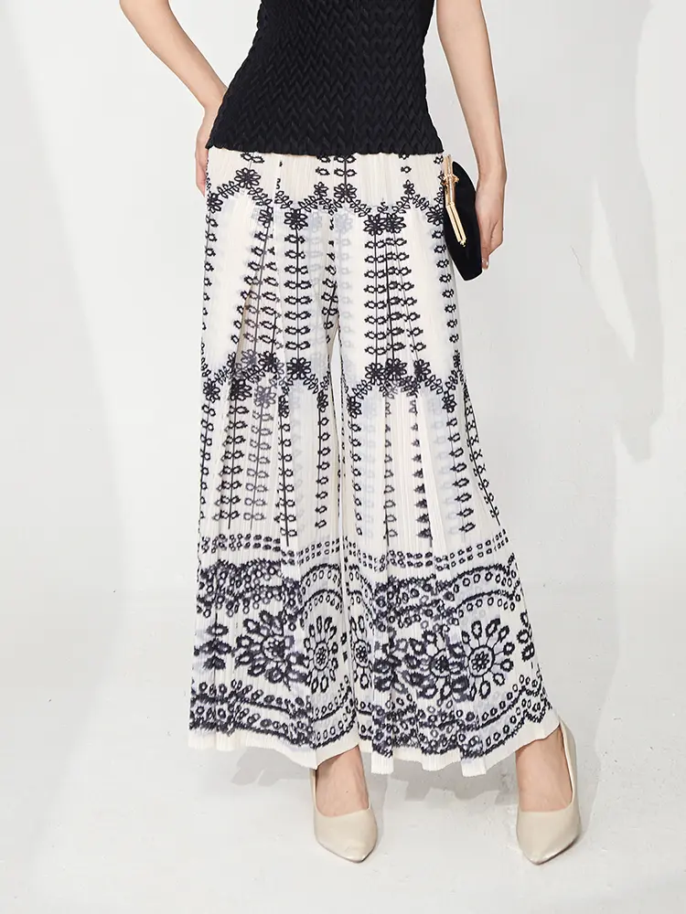 LANMREM Women's 2025 New Casual Wide Leg Pants Loose Fashion Geometric Printting Pleated Ankle-length Pants Summer Chic 2DB3063