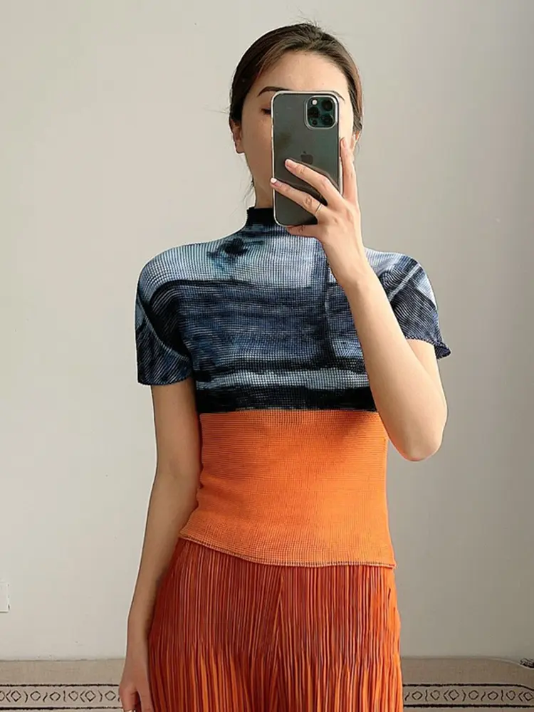 LANMREM Women Pleated Skinny T-shirt Thin Pullover Half Turtleneck Short Sleeve Fashion Female Clothing 2025 Summer 2I417