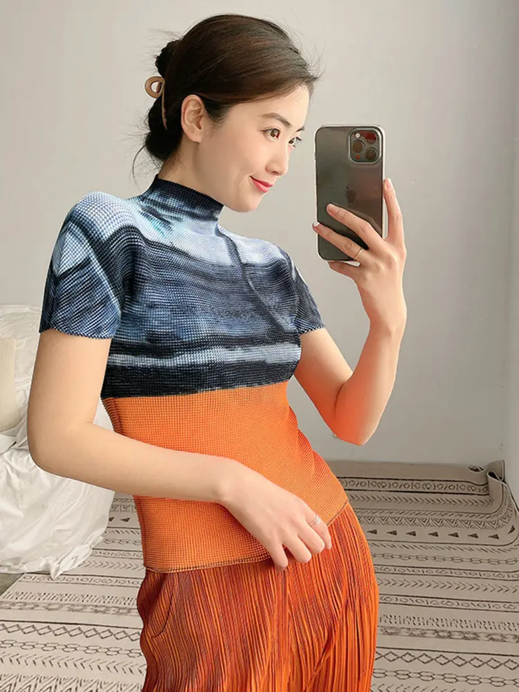 LANMREM Women Pleated Skinny T-shirt Thin Pullover Half Turtleneck Short Sleeve Fashion Female Clothing 2025 Summer 2I417