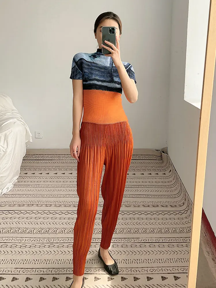 LANMREM Women Pleated Skinny T-shirt Thin Pullover Half Turtleneck Short Sleeve Fashion Female Clothing 2025 Summer 2I417