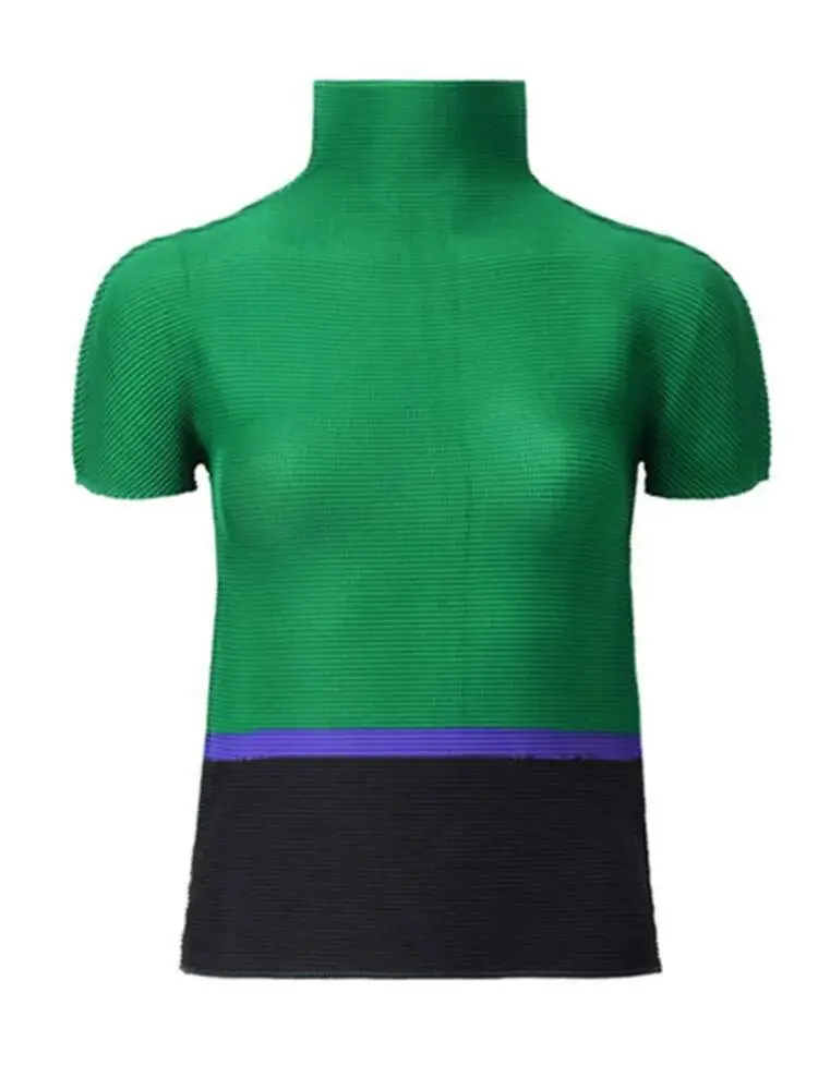LANMREM Women Pleated Skinny T-shirt Thin Pullover Half Turtleneck Short Sleeve Fashion Female Clothing 2025 Summer 2I417