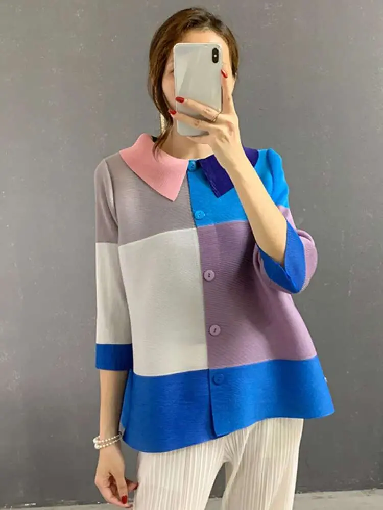 LANMREM 2025 Spring New Pleated Contrast Color Shirts Top Women Lapel Single Breasted Shirt Female Elegant Clothing 2W721