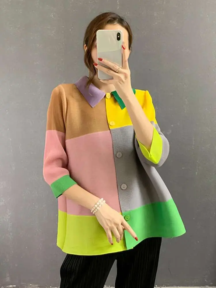LANMREM 2025 Spring New Pleated Contrast Color Shirts Top Women Lapel Single Breasted Shirt Female Elegant Clothing 2W721