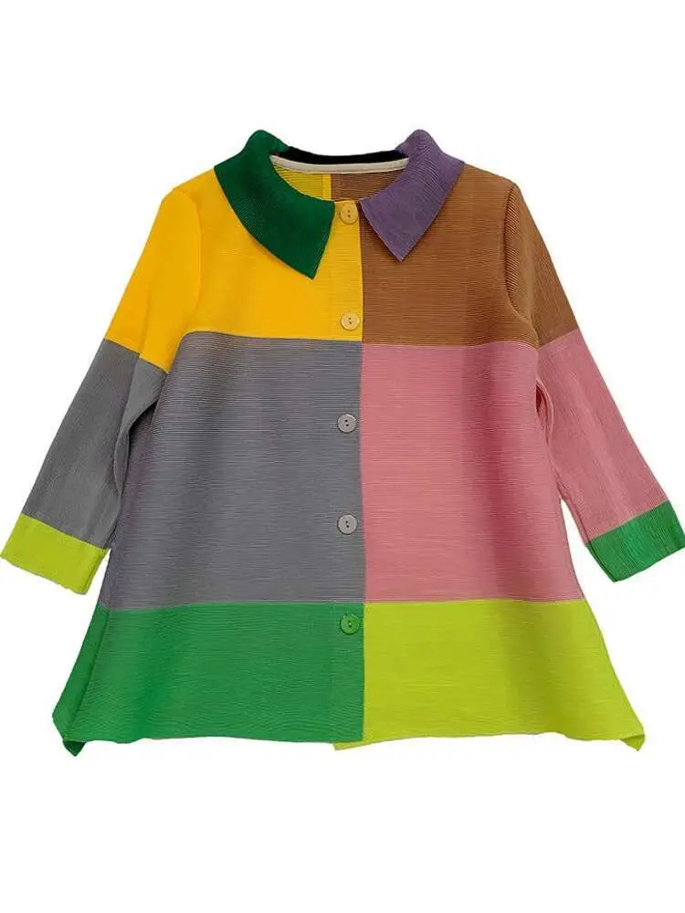 LANMREM 2025 Spring New Pleated Contrast Color Shirts Top Women Lapel Single Breasted Shirt Female Elegant Clothing 2W721