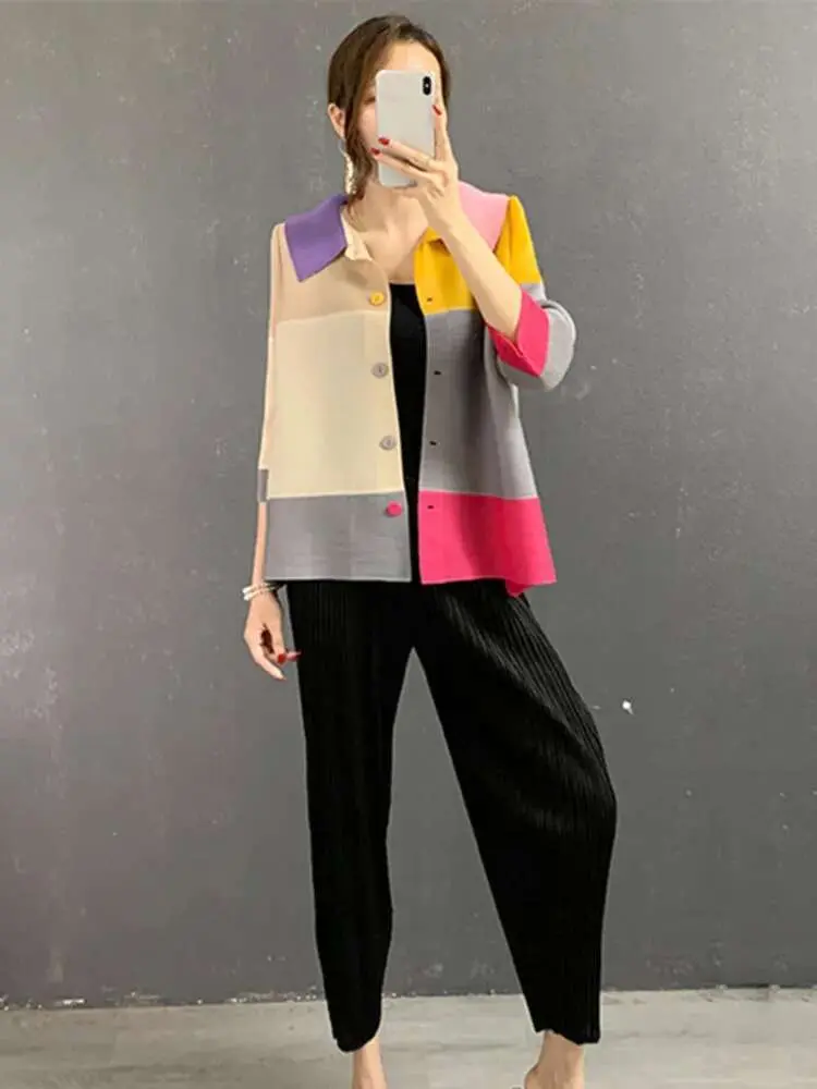 LANMREM 2025 Spring New Pleated Contrast Color Shirts Top Women Lapel Single Breasted Shirt Female Elegant Clothing 2W721