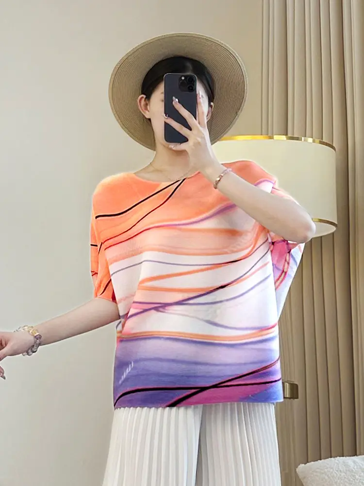 LANMREM Orange Summer Bawting Short Sleeve Printting Women's T-shirt 2025 New Chic Round Collar Pullover Pleated Top 2DB3579