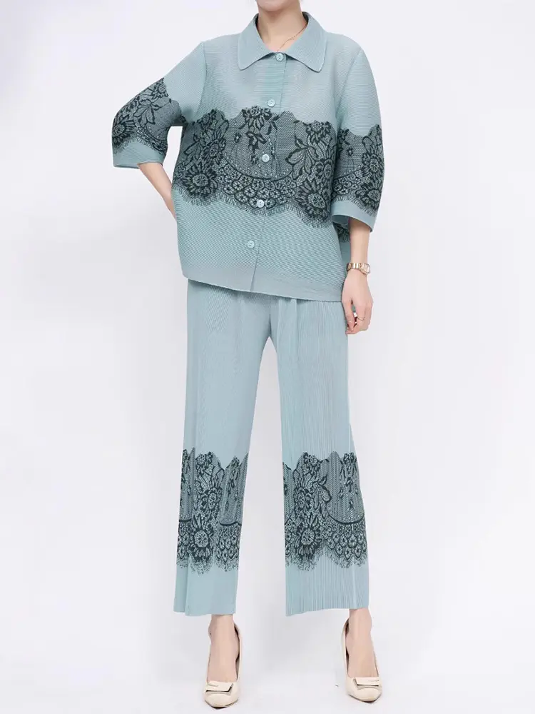 LANMREM 2 Pieces Pants Sets Patchwork Single Breasted Shirts With Wide Leg Trousers Female Trendy Pleated Clothing 2DB2379