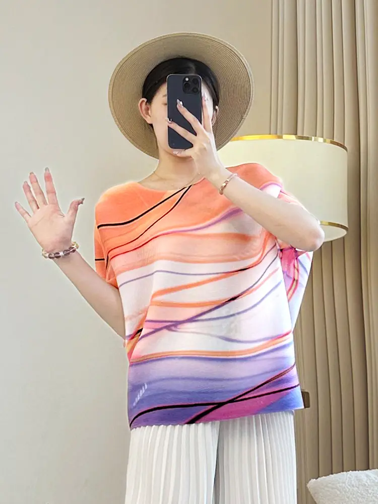 LANMREM Orange Summer Bawting Short Sleeve Printting Women's T-shirt 2025 New Chic Round Collar Pullover Pleated Top 2DB3579