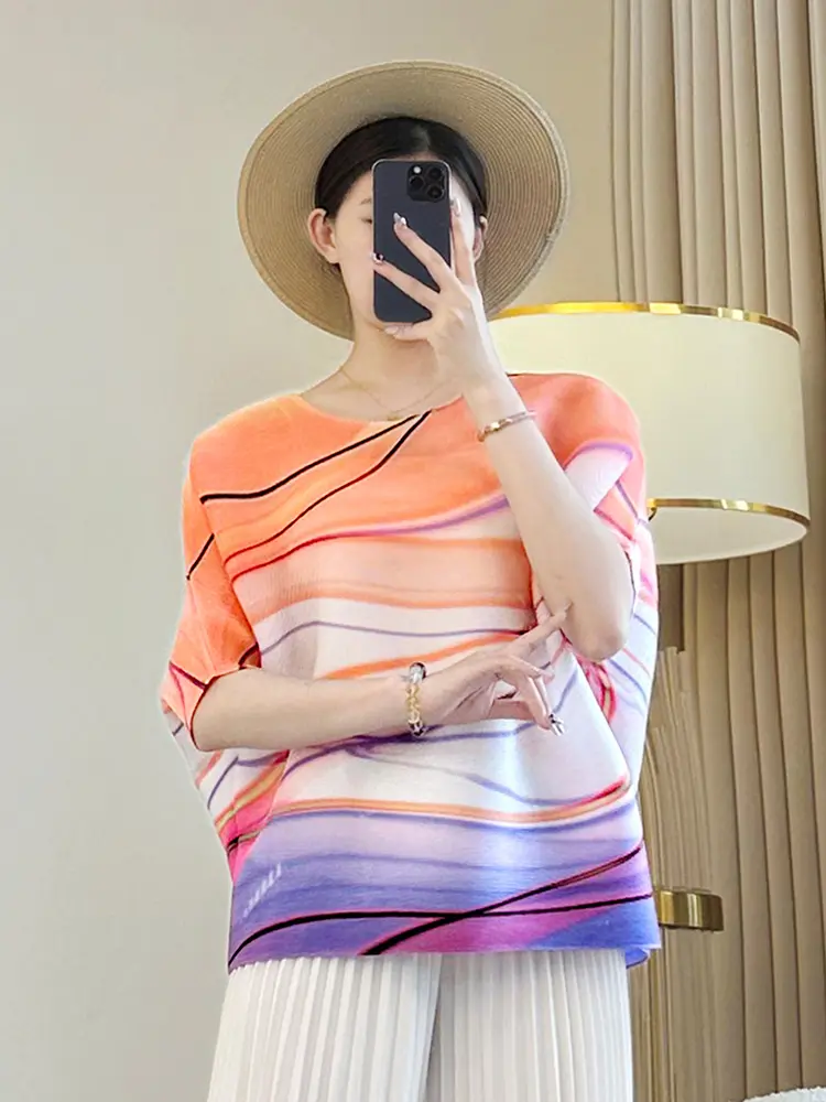 LANMREM Orange Summer Bawting Short Sleeve Printting Women's T-shirt 2025 New Chic Round Collar Pullover Pleated Top 2DB3579