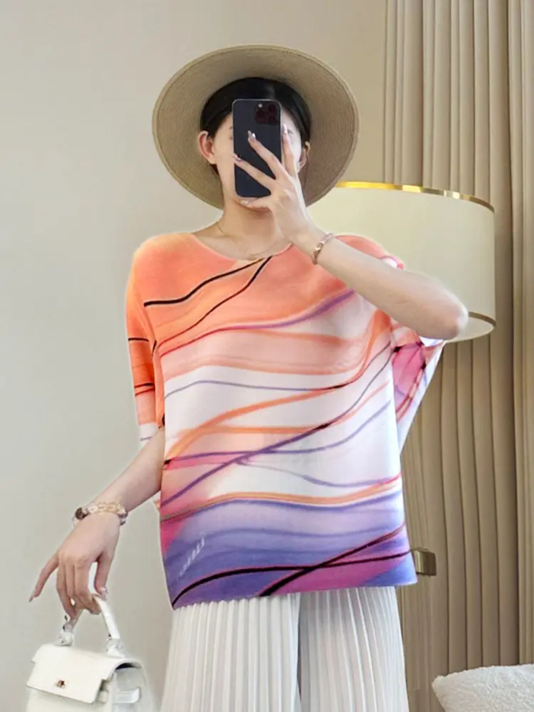 LANMREM Orange Summer Bawting Short Sleeve Printting Women's T-shirt 2025 New Chic Round Collar Pullover Pleated Top 2DB3579