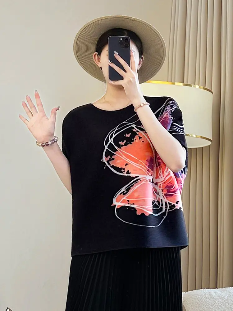 LANMREM Apricot Printting Summer Women's Pleated T-shirt Elastic Loose Bawting Short Sleeve Round Collar Pullover Tops 2DB3578