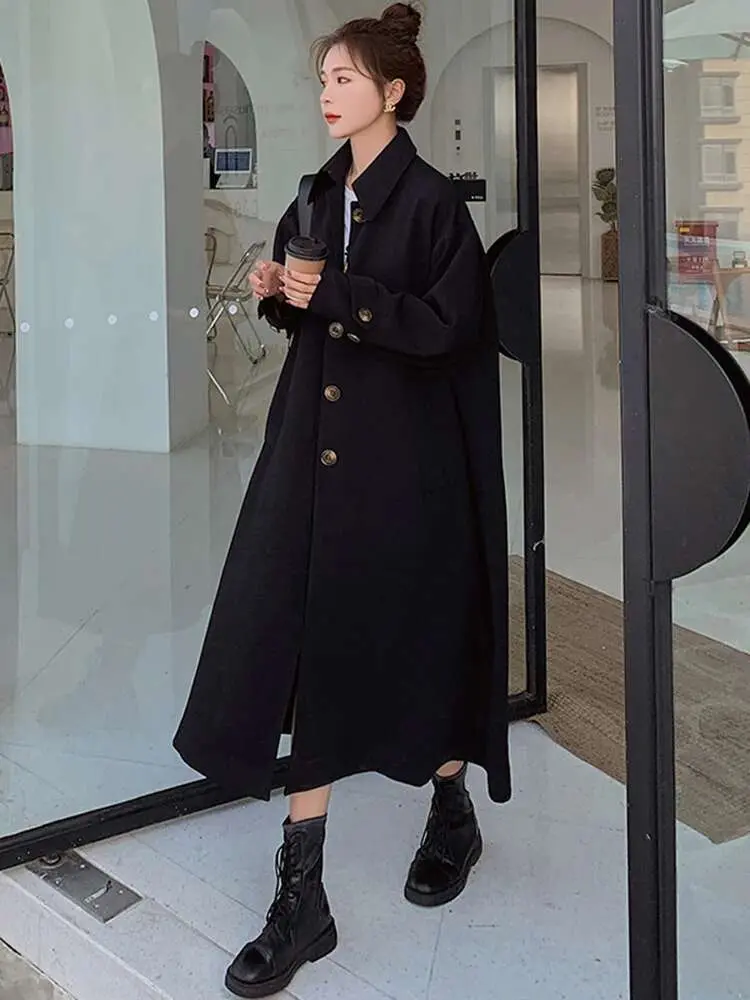LANMREM Black Office Lady Long Trench Coat Women Lapel Belt Gathered Waist Single Breasted Windbreaker 2024 Spring New 2AA5119