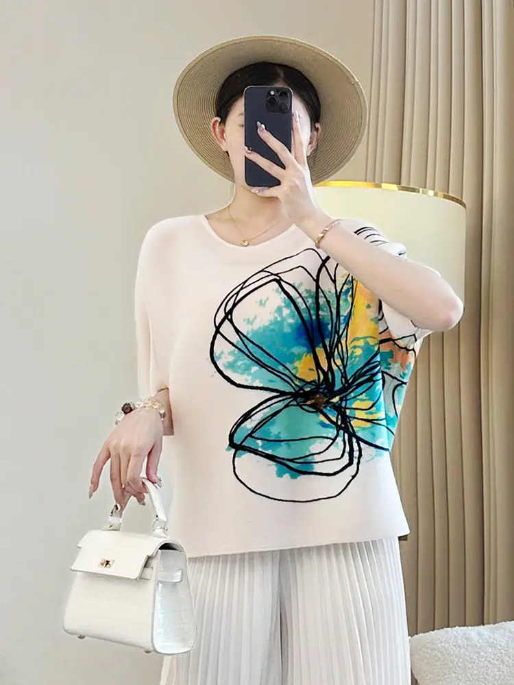 LANMREM Apricot Printting Summer Women's Pleated T-shirt Elastic Loose Bawting Short Sleeve Round Collar Pullover Tops 2DB3578